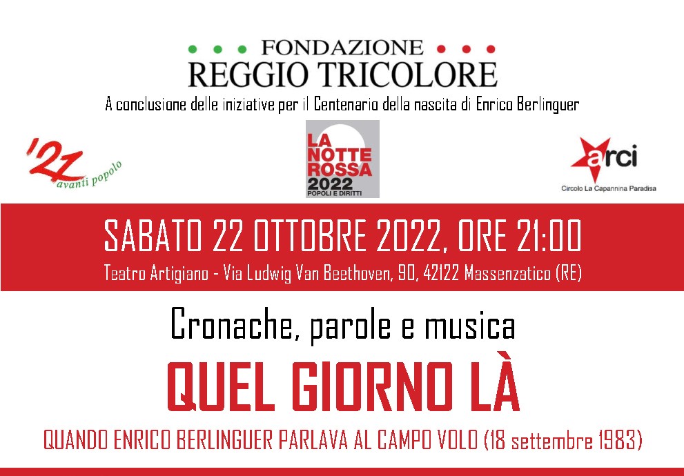  “Quel giorno là – Quando Enrico Berlinguer parlava al Campovolo” il 22 ottobre a Massenzatico